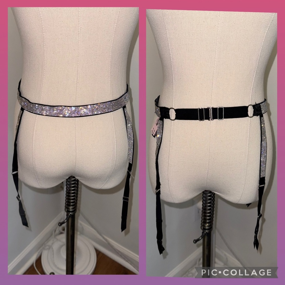 Victoria's Secret Size M/L Lingerie Rhinestone Silver Shine Strap Garter Belt